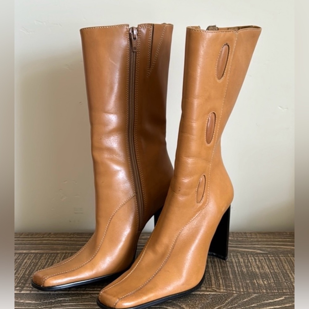 Vintage Tan Leather boots “boho 70s” with black Heels